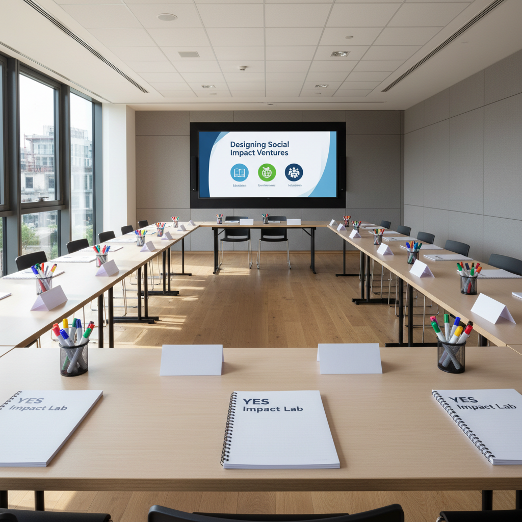 A modern training room without people, prepared for a youth entrepreneurship workshop: rows of simple, light-wood tables each with neatly placed name tents, blank workbooks labeled “YES Impact Lab,” and colorful markers. At the front, a large wall-mounted screen displays a clean slide reading “Designing Social Impact Ventures” with icons symbolizing education, environment, and inclusion. Floor-to-ceiling windows on one side admit bright, natural daylight, creating soft reflections on the tabletops and an energizing, optimistic mood. Photographic realism from an eye-level, slightly wide perspective keeps the entire room in sharp focus, emphasizing readiness, structure, and professional facilitation.