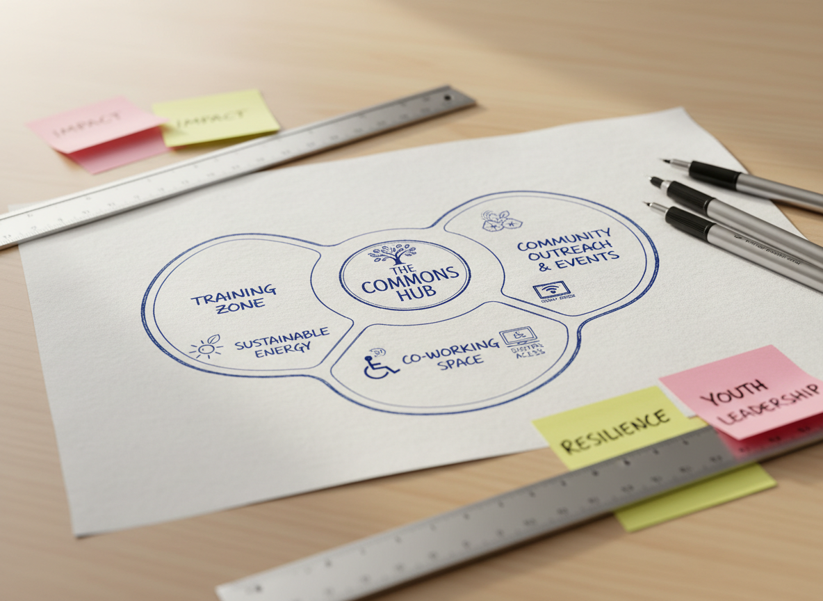 A close-up of a detailed, hand-drawn blueprint for a community social enterprise, spread across a smooth drafting table. The blueprint shows clearly labeled zones for training, co-working, and community outreach, with icons representing sustainable energy, inclusive design, and digital access. Precision pens, a metal ruler, and sticky notes with keywords like “impact,” “resilience,” and “youth leadership” are carefully arranged around the drawing. Natural daylight from a nearby window creates a soft side lighting, emphasizing the texture of the paper and ink lines. Photographic realism with a shallow depth of field keeps the central blueprint crisp while letting the edges blur, evoking focused creativity and long-term strategic thinking.
