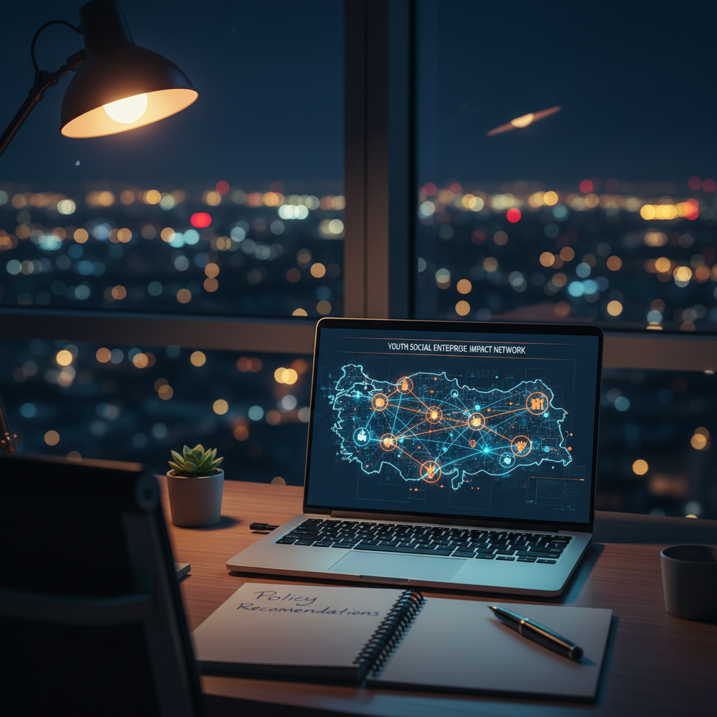 A nighttime cityscape viewed through a large office window, with the interior foreground focused on a glowing laptop displaying a detailed impact map of youth social enterprises. The map features nodes and connecting lines over Türkiye, Greece, and Spain, with small icons representing successful projects. A neatly organized desk holds a spiral notebook labeled “Policy Recommendations,” a pen, and a small desk plant. The cool blue light from the laptop contrasts with the warm ambient office lighting, creating a thoughtful, strategic atmosphere. Photographic realism captured from an over-the-shoulder perspective with shallow depth of field keeps the screen in crisp detail while the city lights blur into soft bokeh, symbolizing policy work shaping real-world change.