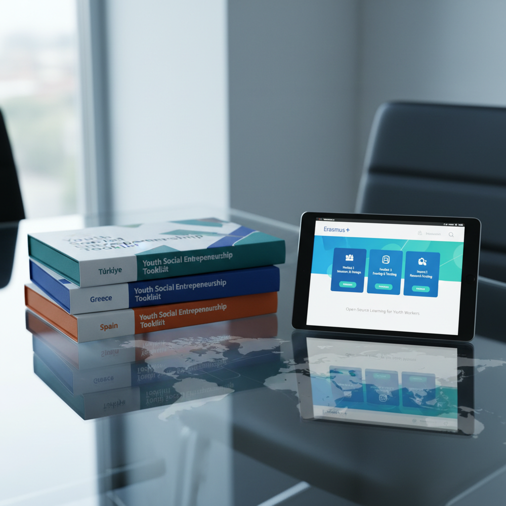 A sleek, glass-topped co-working table displaying three neatly stacked resource kits branded for Türkiye, Greece, and Spain, each with distinct colors on their spines but unified design reading “Youth Social Entrepreneurship Toolkit.” Beside them, a tablet shows a web portal homepage featuring open-source modules and an Erasmus+ logo. A world map graphic is subtly reflected in the glass surface. Diffused, cool daylight from a nearby window lends a clear, professional feel. Photographic realism with centered composition and strong sharpness highlights the materials’ quality and accessibility, reinforcing cross-country collaboration and shared learning for youth workers.