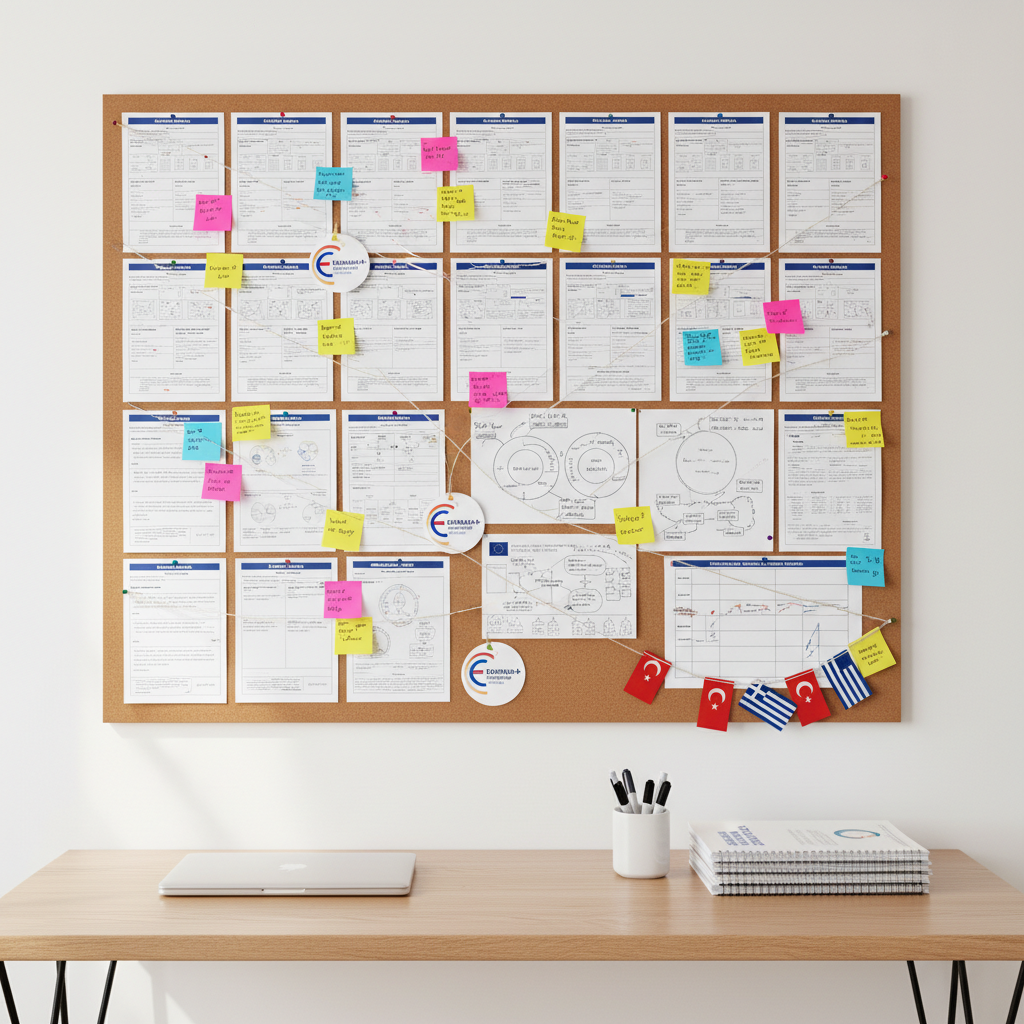 A large cork vision board mounted on a smooth white wall, covered with meticulously pinned social venture canvases, colorful sticky notes, hand-drawn diagrams of impact models, and printed Erasmus+ logos. Small flags of Türkiye, Greece, and Spain are carefully placed near project timelines. A sleek wooden desk below holds a closed silver laptop, a stack of training manuals titled “Youth Empowerment Toolkit,” and a tidy cup of pens. Soft, diffused daylight from an unseen window bathes the scene, creating minimal shadows and a calm, organized mood. Shot in photographic realism from a slightly elevated angle, with a clean, modern aesthetic emphasizing structure, planning, and long-term social impact.