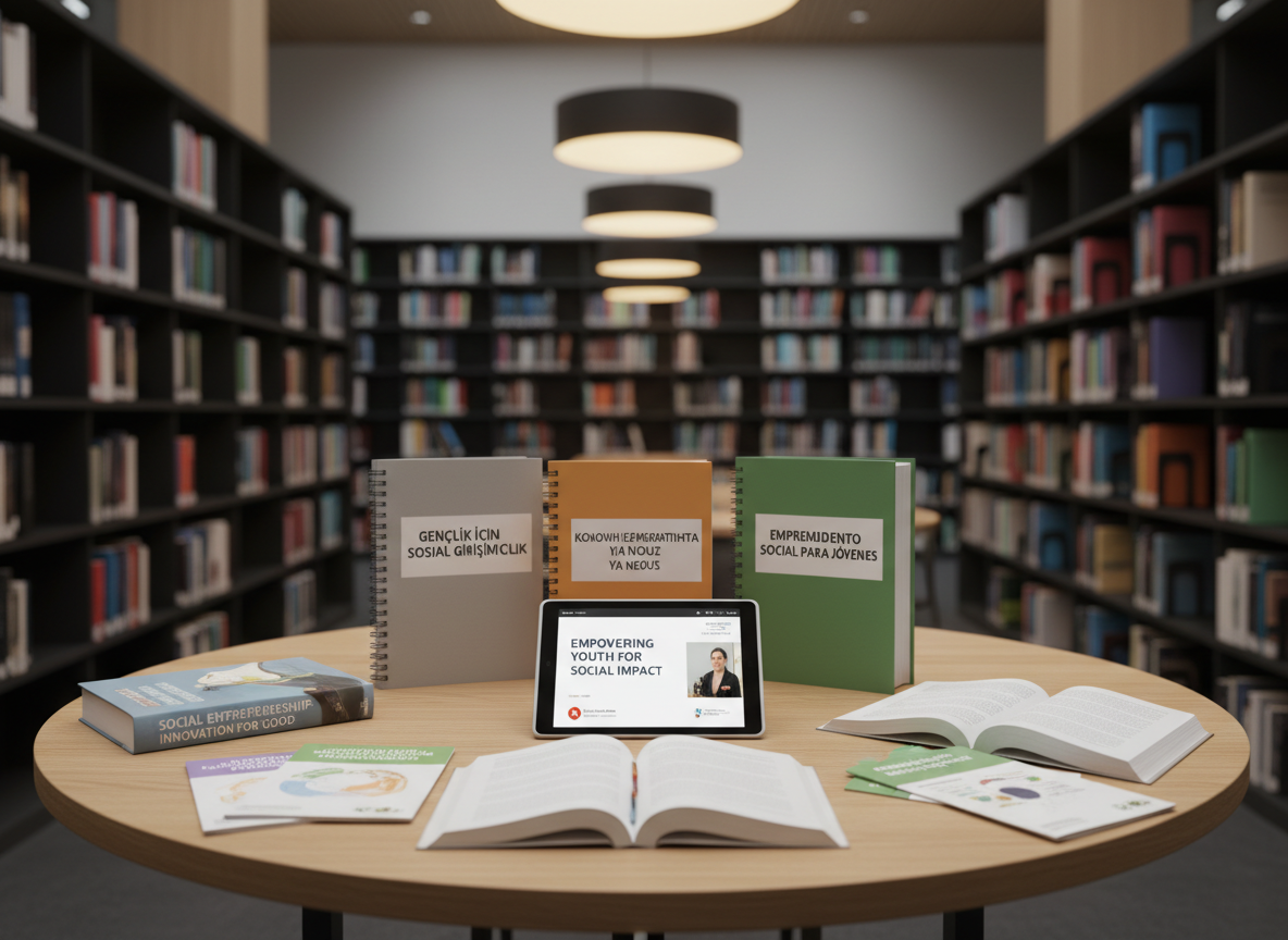 A round wooden table in a quiet, modern library space, covered with open textbooks on social entrepreneurship, printed policy briefs, and bilingual training guides in Turkish, Greek, and Spanish. A tablet at the center shows a paused webinar slide titled “Empowering Youth for Social Impact.” Surrounding shelves filled with neatly arranged books fade into a soft blur. Overhead, warm pendant lighting casts an even, gentle glow, creating a studious, contemplative mood. Captured in photographic realism from a slightly elevated angle using the rule of thirds, the focus rests sharply on the tablet and documents, highlighting open access learning and thoughtful policy advocacy for youth empowerment.