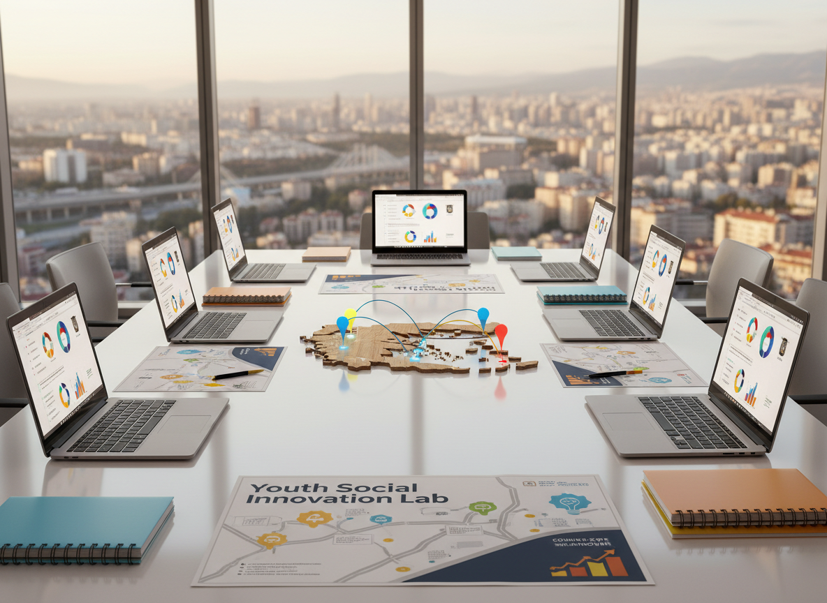 A long, clean white conference table covered with neatly arranged open laptops, colorful notebooks, and printed roadmaps labeled “Youth Social Innovation Lab.” At the center, a three-country map of Türkiye, Greece, and Spain is marked with bright pins and arrows, symbolizing collaboration. The scene is set in a modern glass-walled meeting room with a panoramic city view in soft focus. Late afternoon natural light floods in, creating gentle reflections on the laptop screens and a calm, focused atmosphere. Photographic realism at eye-level, with a slight wide-angle lens and sharp focus throughout, conveys professional, structured energy and the shared mission of empowering youth entrepreneurship across borders.