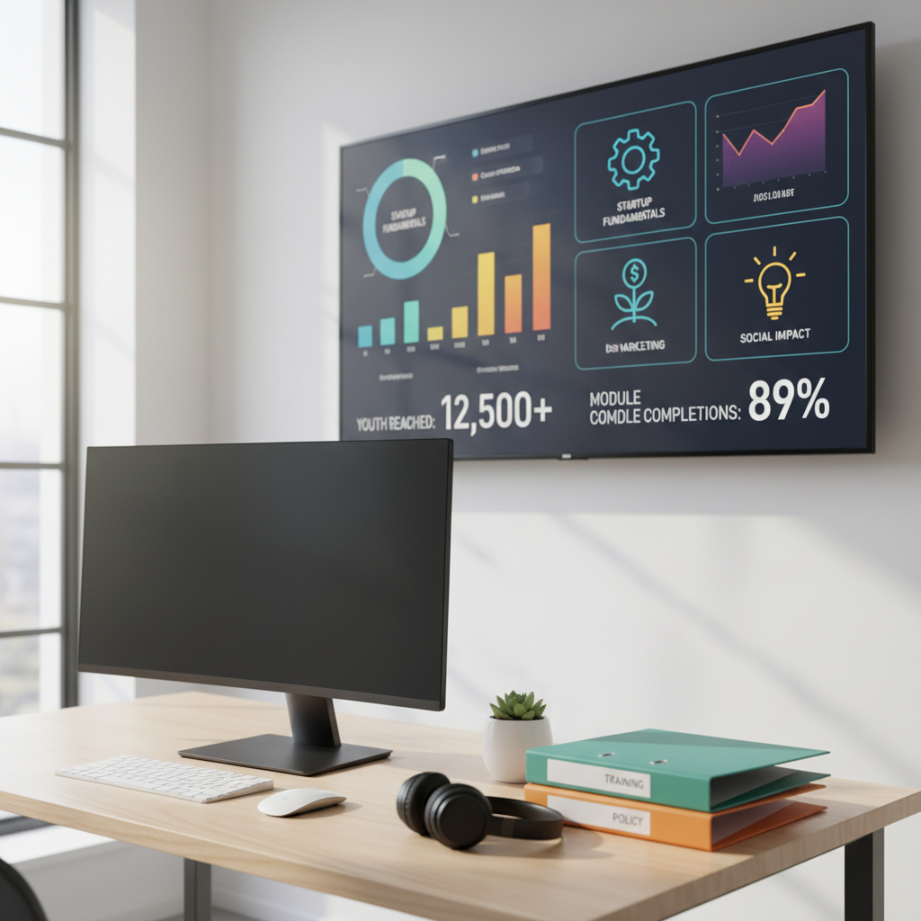 A bright, minimalist workspace featuring a large, wall-mounted digital dashboard displaying vibrant charts, impact metrics, and icons for open-source learning modules on youth entrepreneurship. Below, a slim, matte-black monitor sits on a light birch desk, accompanied by a wireless keyboard, color-coded folders labeled “Training,” “Resources,” and “Policy.” A pair of headphones rests neatly beside a small potted plant, adding a touch of greenery. Gentle morning light from the left creates subtle highlights on the screen and a focused yet welcoming atmosphere. Photographic realism with an eye-level composition and shallow depth of field keeps the dashboard in crisp detail while softly blurring the edges, symbolizing accessible, data-driven support for youth workers and social innovators.